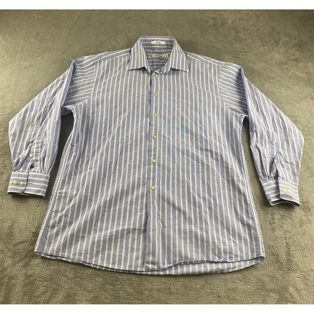 Calvin Klein Men's Blue White Stripe‎  Shirt Long Sleeve Button Up Sz 16.5 32/33